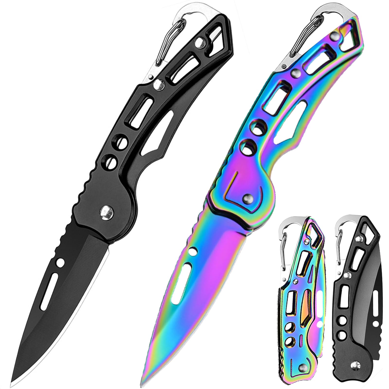 Photo 1 of klumuke Folding Pocket Knife, Keychain Knife Compact Stainless Steel for Self-Defense, Small Pocket Knife for Outdoor Survival, Everyday Carry, and Gift Giving (2PCS - Black & Colorful)