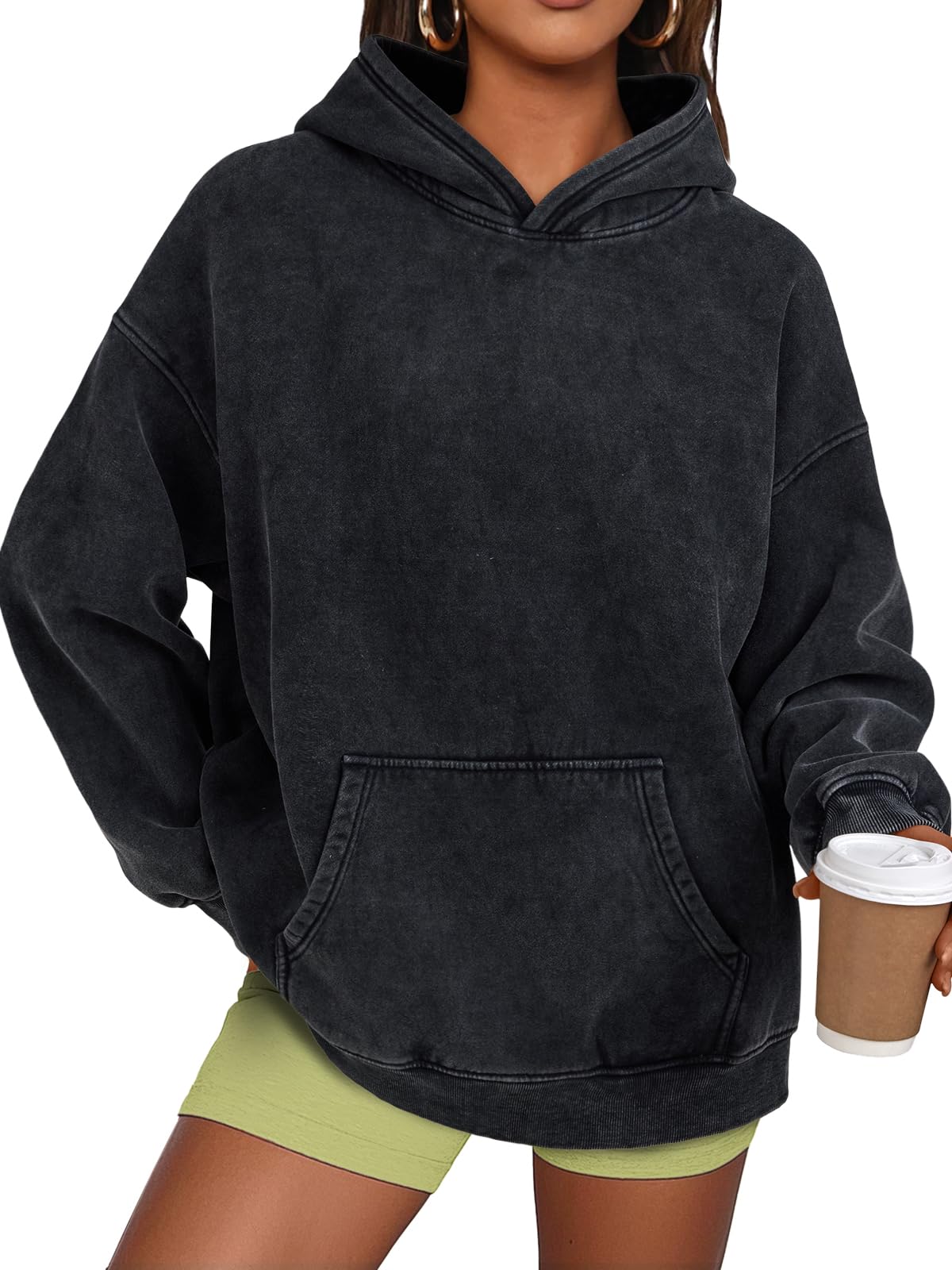 Photo 1 of Trendy Queen Oversized Hoodies for Women Acid Wash Sweatshirt Cute Pullover Fall Winter Long Sleeve Shirts Black L