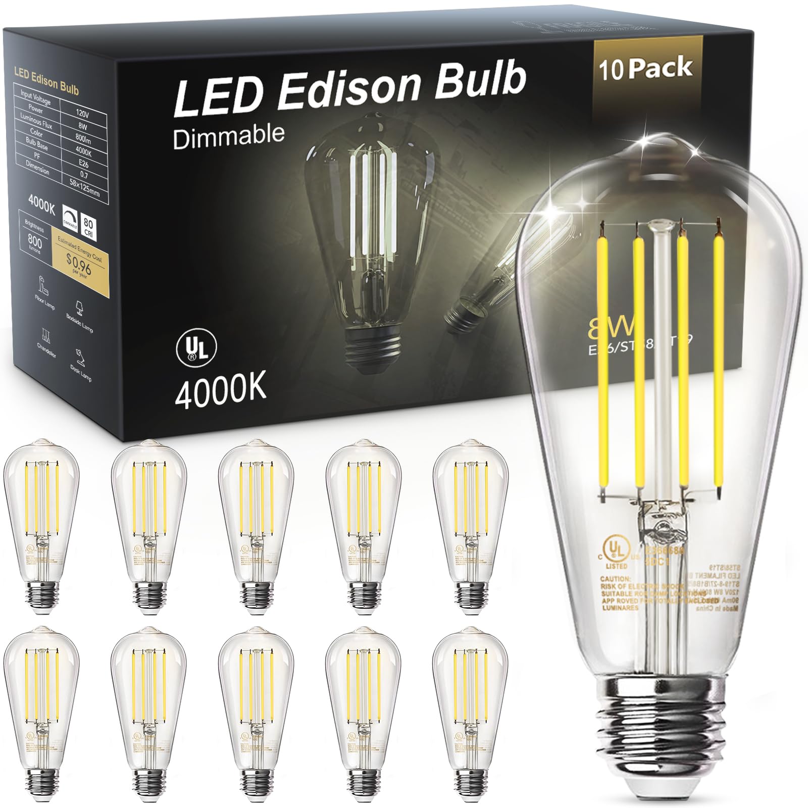 Photo 1 of TJOY 10 Pack E26 Base Vintage LED Edison Light Bulbs, 60W Equivalent Dimmable, 4000K Natural White, 8W ST58 LED Filament Bulbs, 800Lumens, CRI80+, Antique Glass Style for Home, Bedroom, Farmhouse