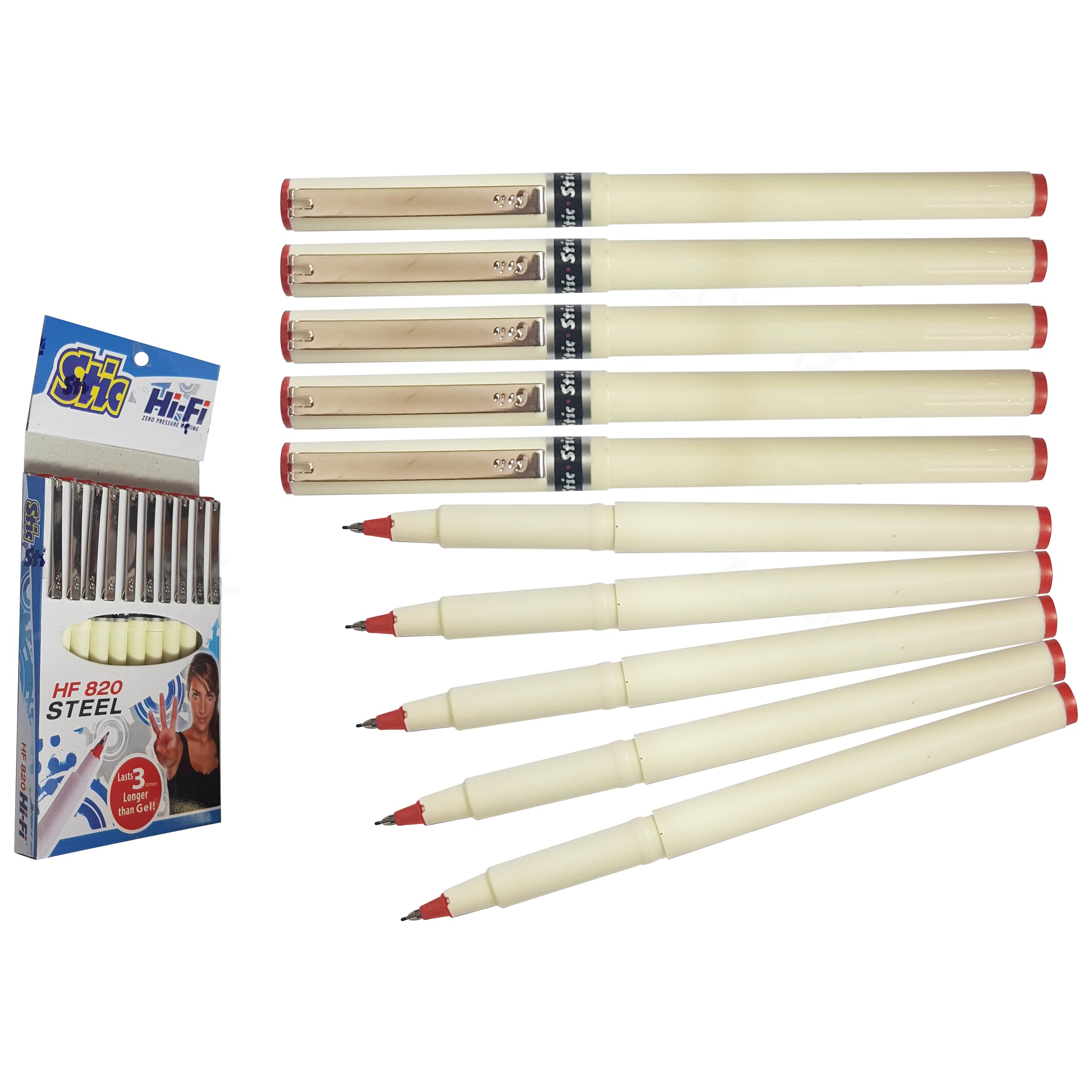 HF820 Fineliner Pens, RED, Fine Point (0.5mm), Pack of 10, Write Sign Draw Sketch Colour Mark Fine Line, School Office Home Use, iZOFAX Black Ball Pen