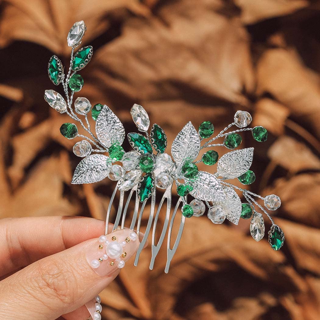 IYOU Green Bridal Hair Combs Crystal Bride Hair Accessories Prom Party Bride Wedding Side Combs for Women