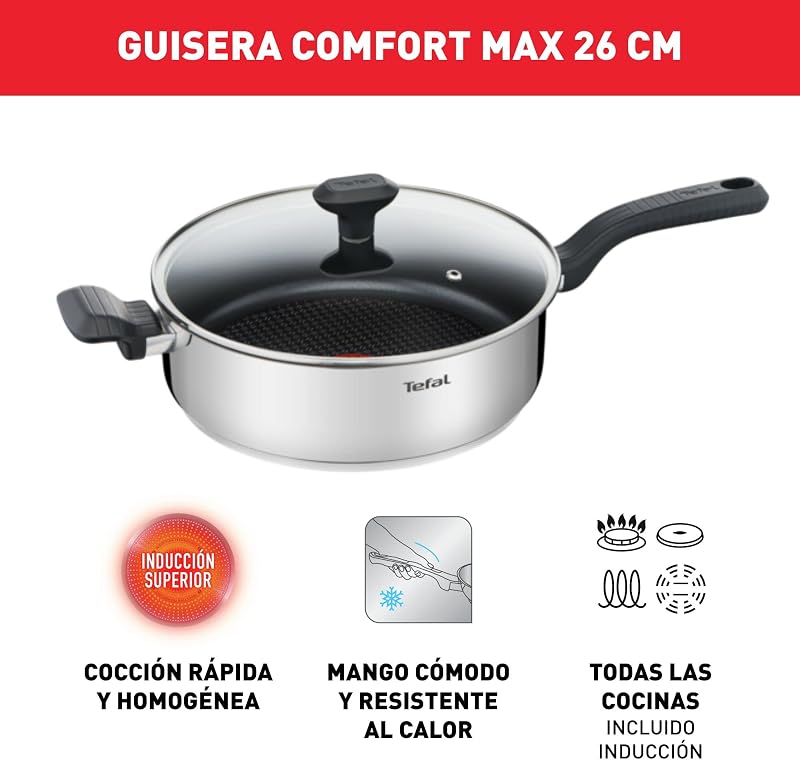 Comfort Max - Guisera baja 26 cm + Tapa de cristal, Acero Inoxidable