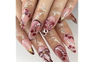 LOPMNGHT 24Pcs Flower False Nails Medium Almond French Leopard print Gradient 3D Floral with Cherry Pearl Bow Stick on Nail Full Cover Press on Nails Artificial Acrylic Fingernails Reusable Coffin for Women