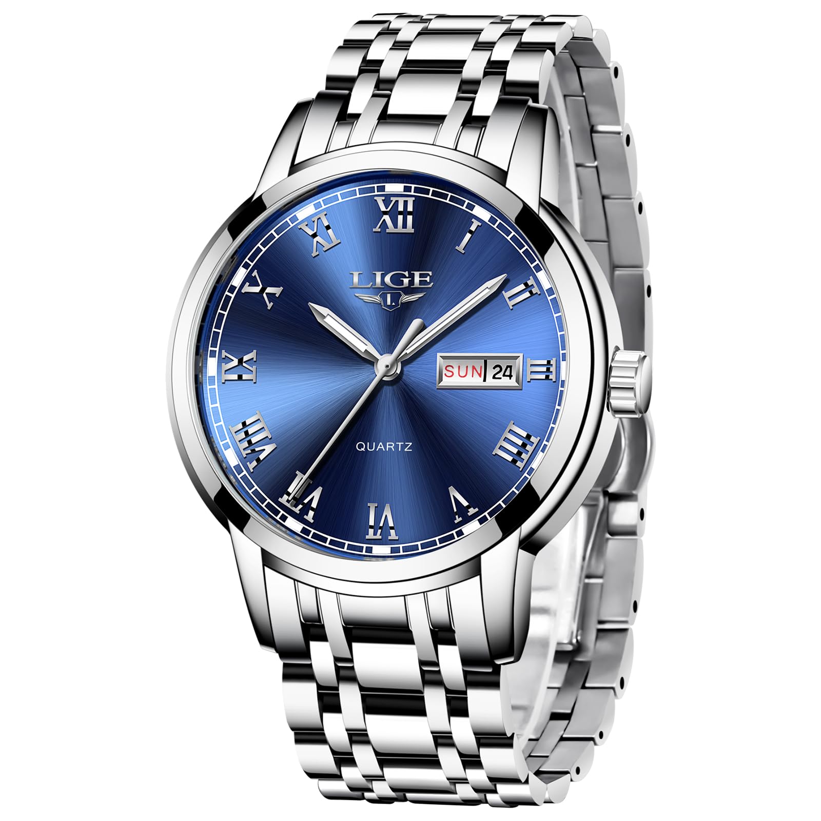 LIGE Mens Watches, Quartz Analogue Watches for Men, Stainless Steel 3ATM Water Resistance, Luminous Hands, Calendar Function, Classic Simple Style, Casual Fashion Accessories, Silver