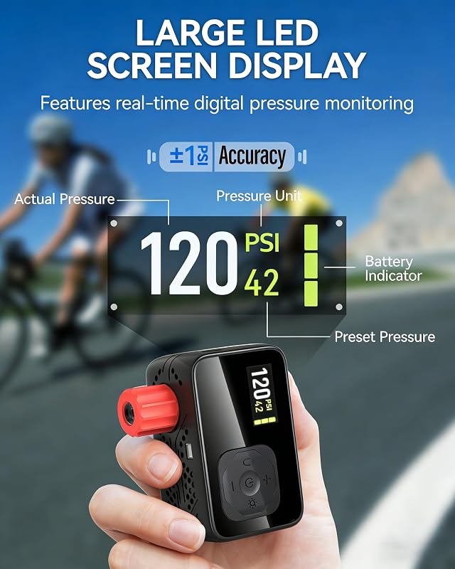 Bomba De Bicicleta Eléctrica, Bomba De Aire Portátil De Alta Presión De 120 PSI para Bicicletas Pequeñas con Medidor Digital para Válvulas Presta Y Schrader De Bicicletas De Carretera