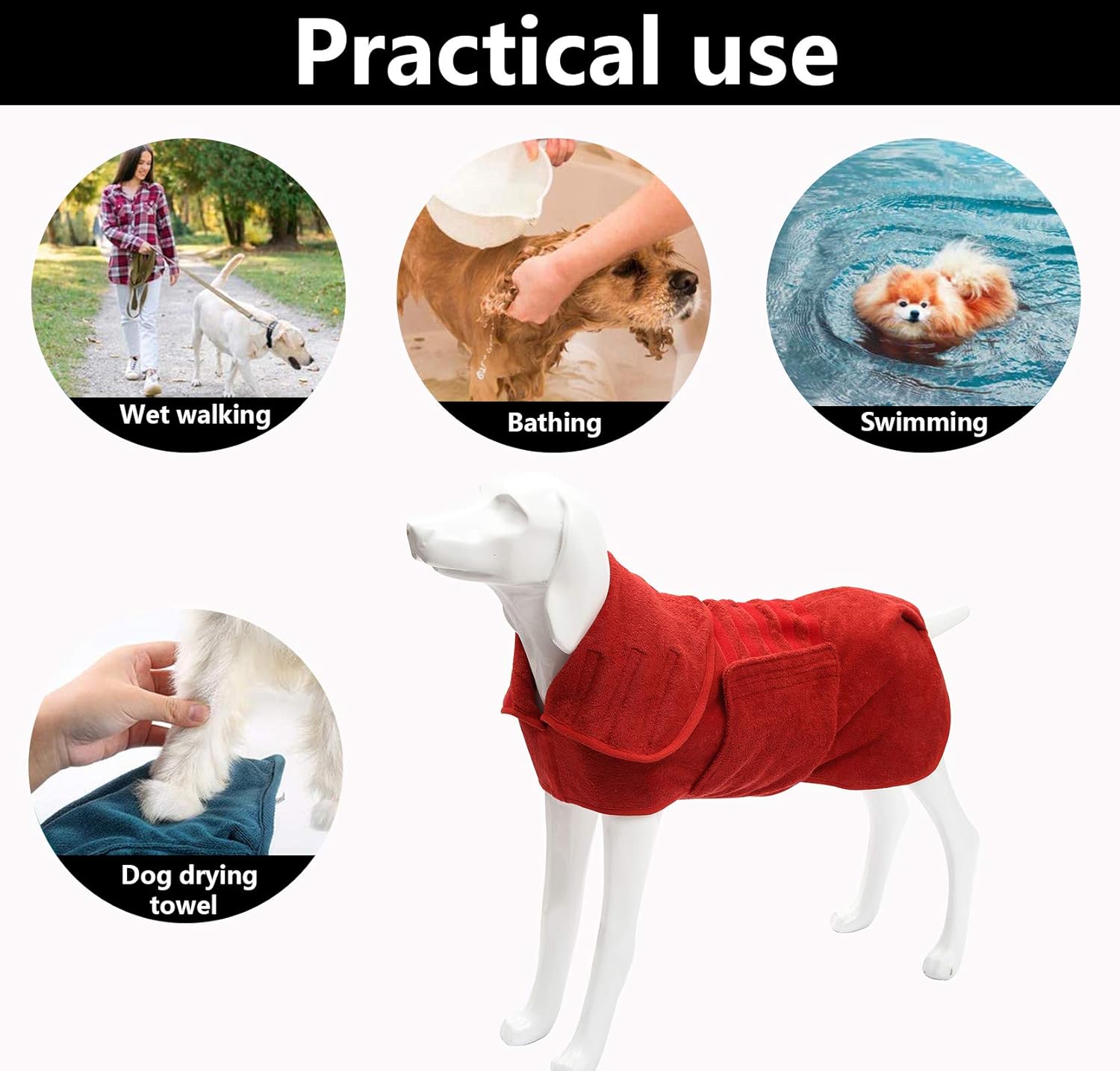 Geyecete Dog Drying Coats-dog towels absorbent robe Dry Fast Dog Bag-Dog Bathrobe Towel-Microfibre Fast Drying Super Absorbent Pet Dog Cat Bath Robe Towel-Red-XXL - Image 5
