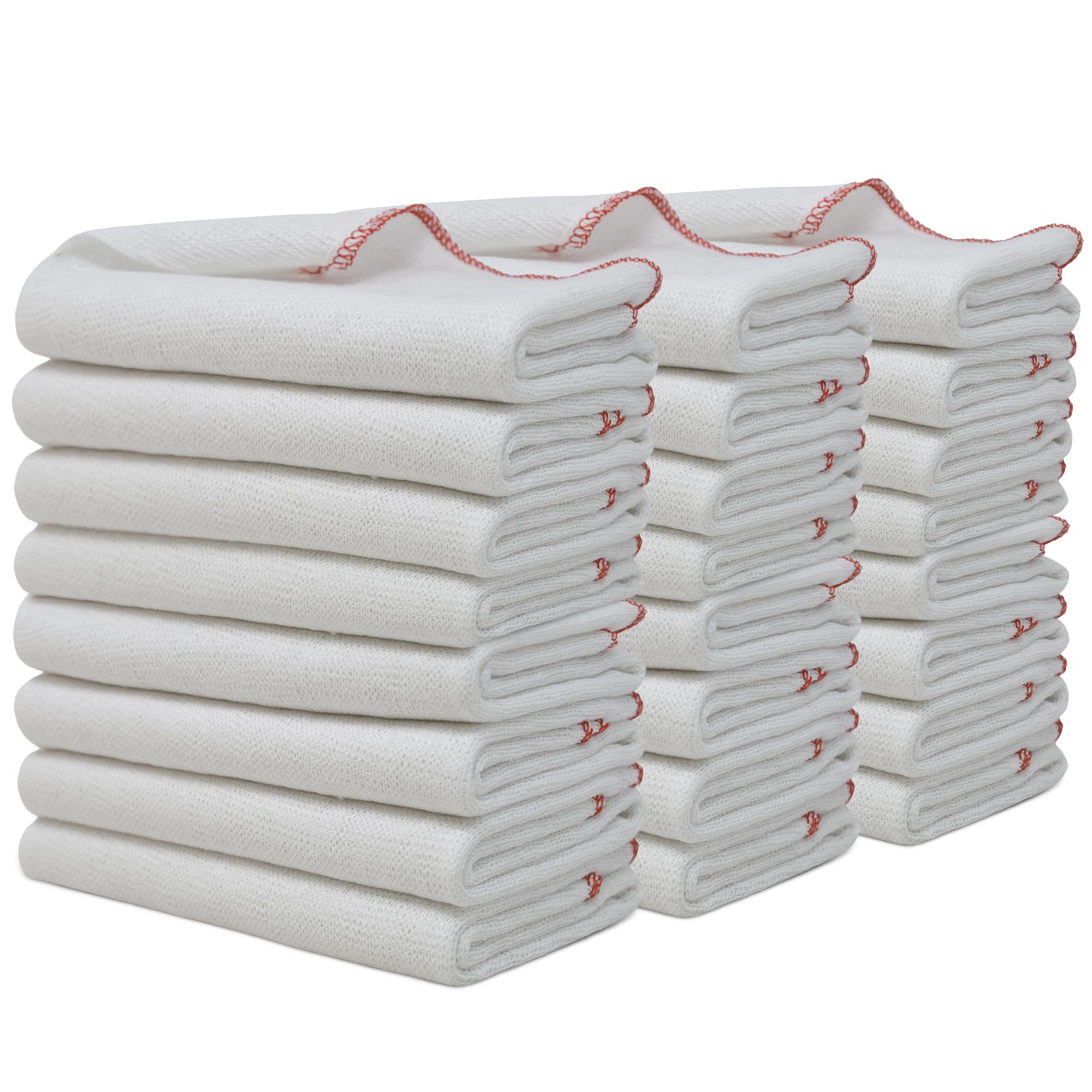 Towelogy Jumbo Dish Cloths for Washing Up | Cotton Set of 24-38 x 45cm (White/Red Edges)