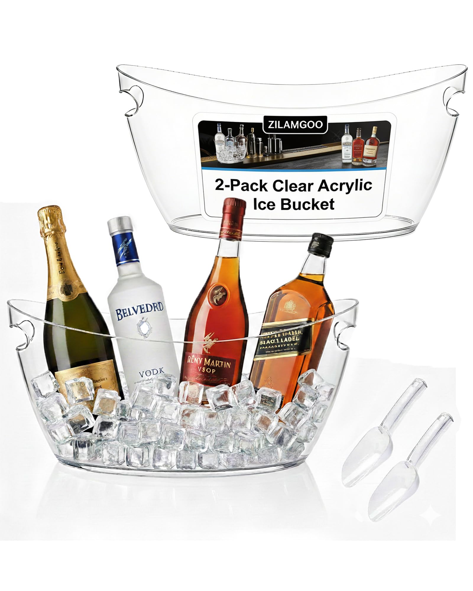 Photo 1 of 2-Pack Clear Acrylic Ice Buckets for Parties (5.5L Each) – Large Plastic Beverage Tubs with Scoops – Wine Bucket Chiller for Parties, Drink Buckets for Outdoor Events, Mimosa Bar, BBQ