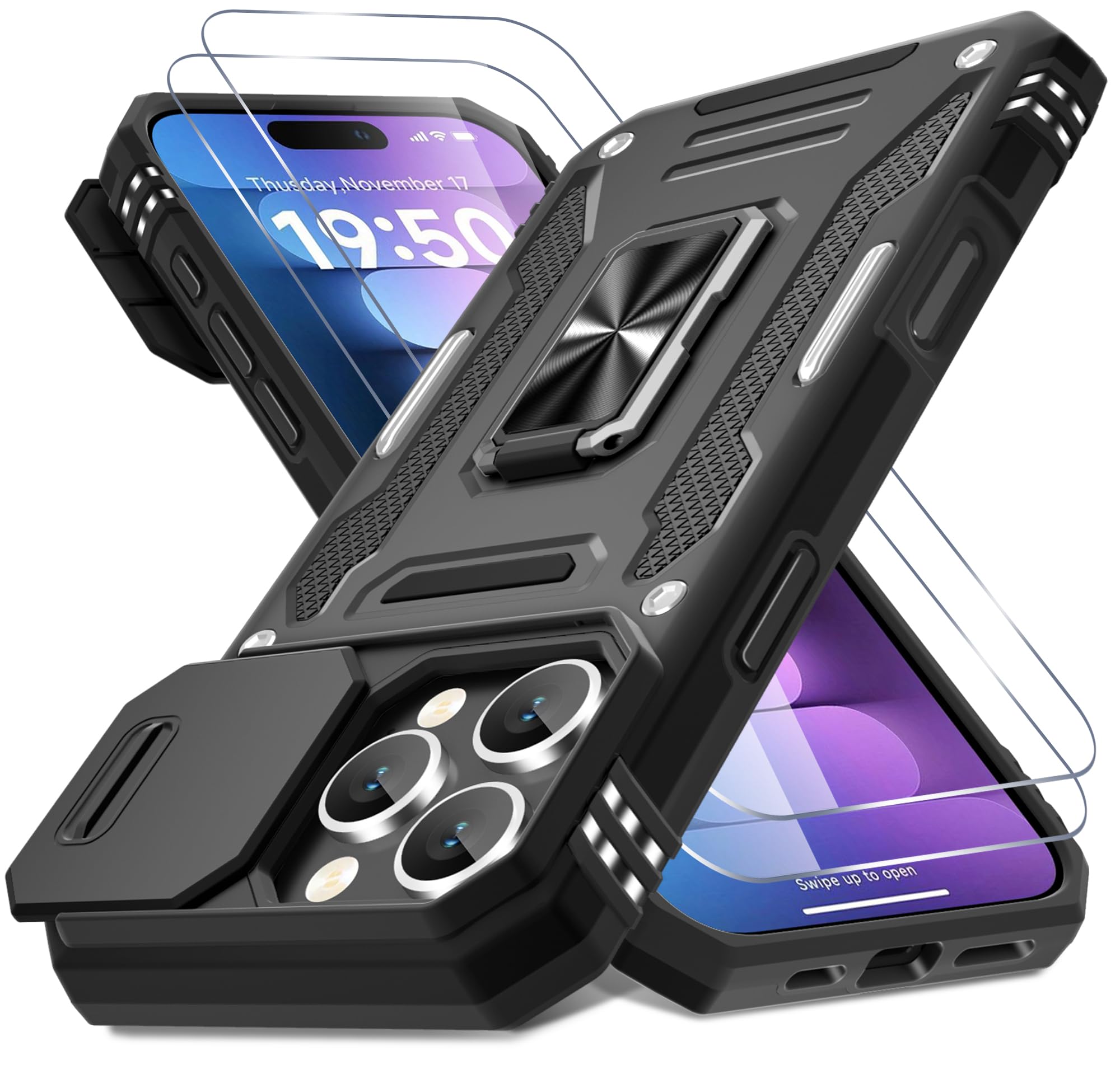 Photo 1 of DEERLAMN Case for iPhone 16 Pro with Slide Camera Cover+Screen Protector(2 Packs), Rotated Ring Kickstand Military Grade Shockproof Protective Cover-Black