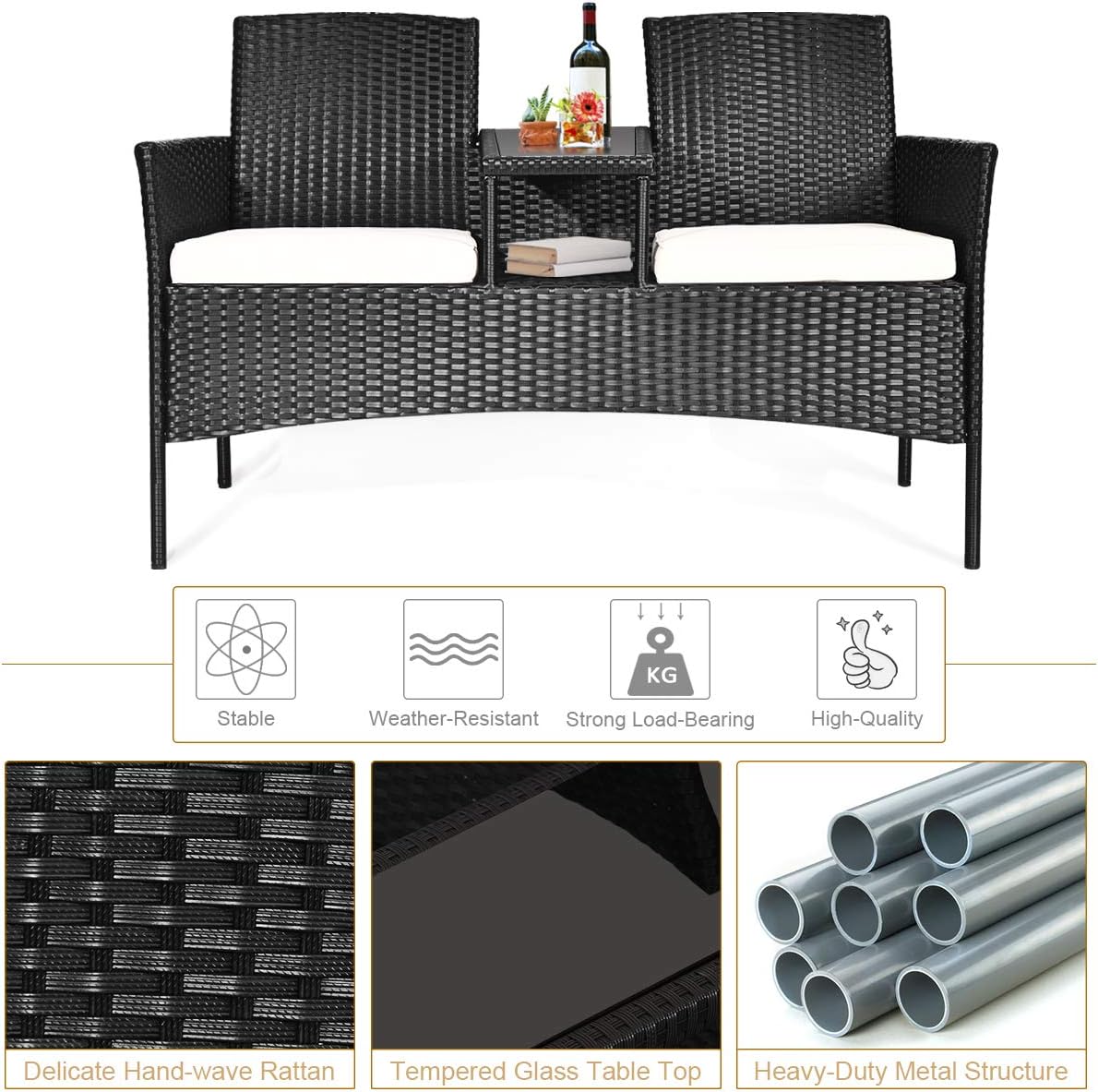 Tangkula Wicker Patio Conversation Furniture Set, Outdoor Furniture Set with Removable Cushions & Table, Tempered Glass Top, Modern Rattan Sofas Set for Garden Lawn Backyard (Black): Garden & Outdoor