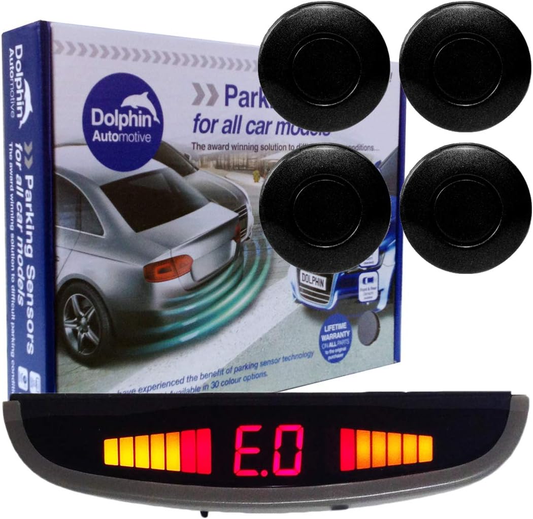 Dolphin DPS455 Reverse Parking Sensors In 32 Colours 4 Ultrasonic Radar Sensors Kit Audio & Rear Roof Mounted Display Alert System Matt & Gloss Black +30 More Colours (Coal Grey)