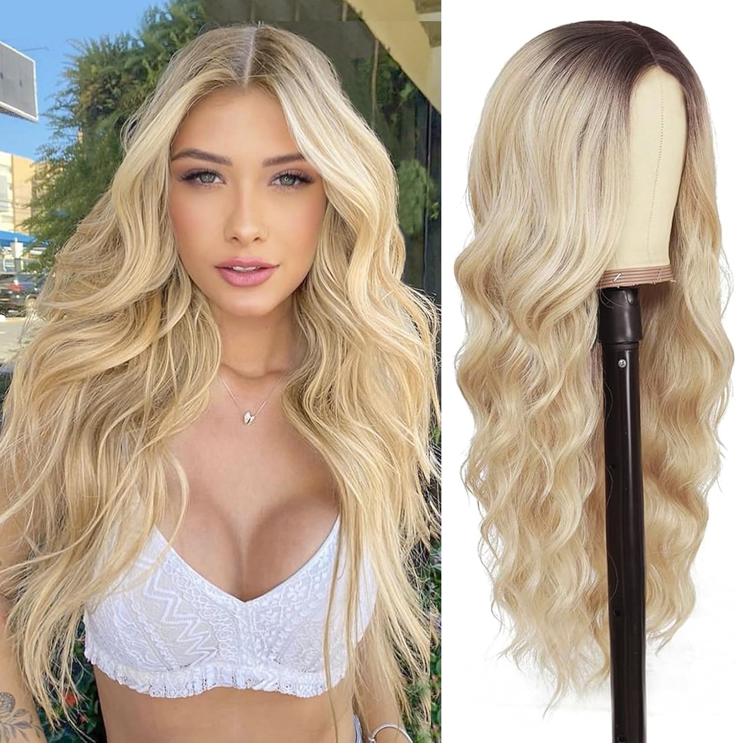 PORSMEER Long Ombre Blonde Wigs for Women, Natural Looking Wavy Curly Synthetic Hair Wig with Brown Roots Middle Parting 26inch Ladies Realistic Wigs