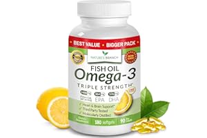 NATURE'S BRANCH Best Triple Strength Omega 3 Fish Oil Pills - 180 Capsules - 2400mg High Potency Burpless Lemon Flavor 864mg EPA 576mg DHA Ultra Pure Liquid Softgels for Brain Joints Eyes Heart Health Supplement