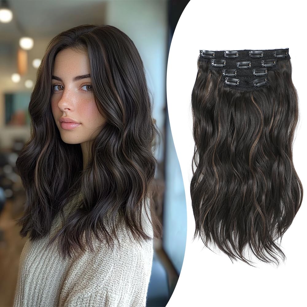 FINE PLUS Hair Extensions Clip in, 4PCS Clip in Hair Extension 14" Short Beach Pearl Blonde Wavy Hair Extensions Invisible Lace Weft Natural Soft Hair pieces for Women(Dark Brown with Highlights)