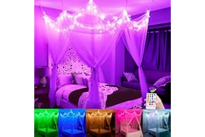 FUNNITE White Bed Canopy with Star Lights Girls Bedroom, 8 Corners Post Hanging Princess Canopy Bed Curtains 100 LED 24 Colors Changing String Lights Remote Timer for Kids Tent Twin Full Queen King Bed