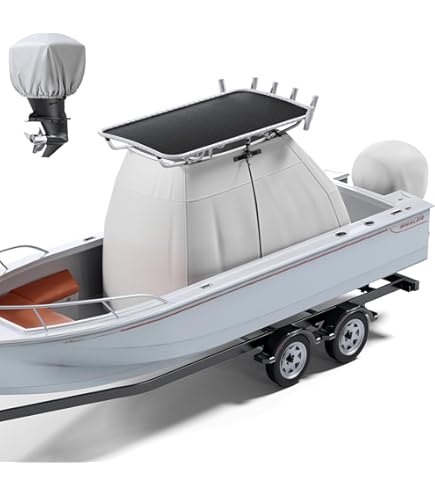 thumbnail interactive-video image 1 of 1200D Waterproof T-Top Boat Cover With Motor Cover – Heavy Duty Polyester For Center Console 1 of 4