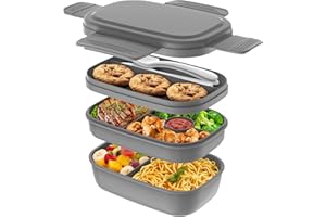 HOMETALL 3 Stackable Lunch Containers for Adults/Kids, Modern Minimalist Design Bento Box with Utensil Set, Leak-Proof Lunchbox Bento Box for Dining Out, Work, Picnic, School