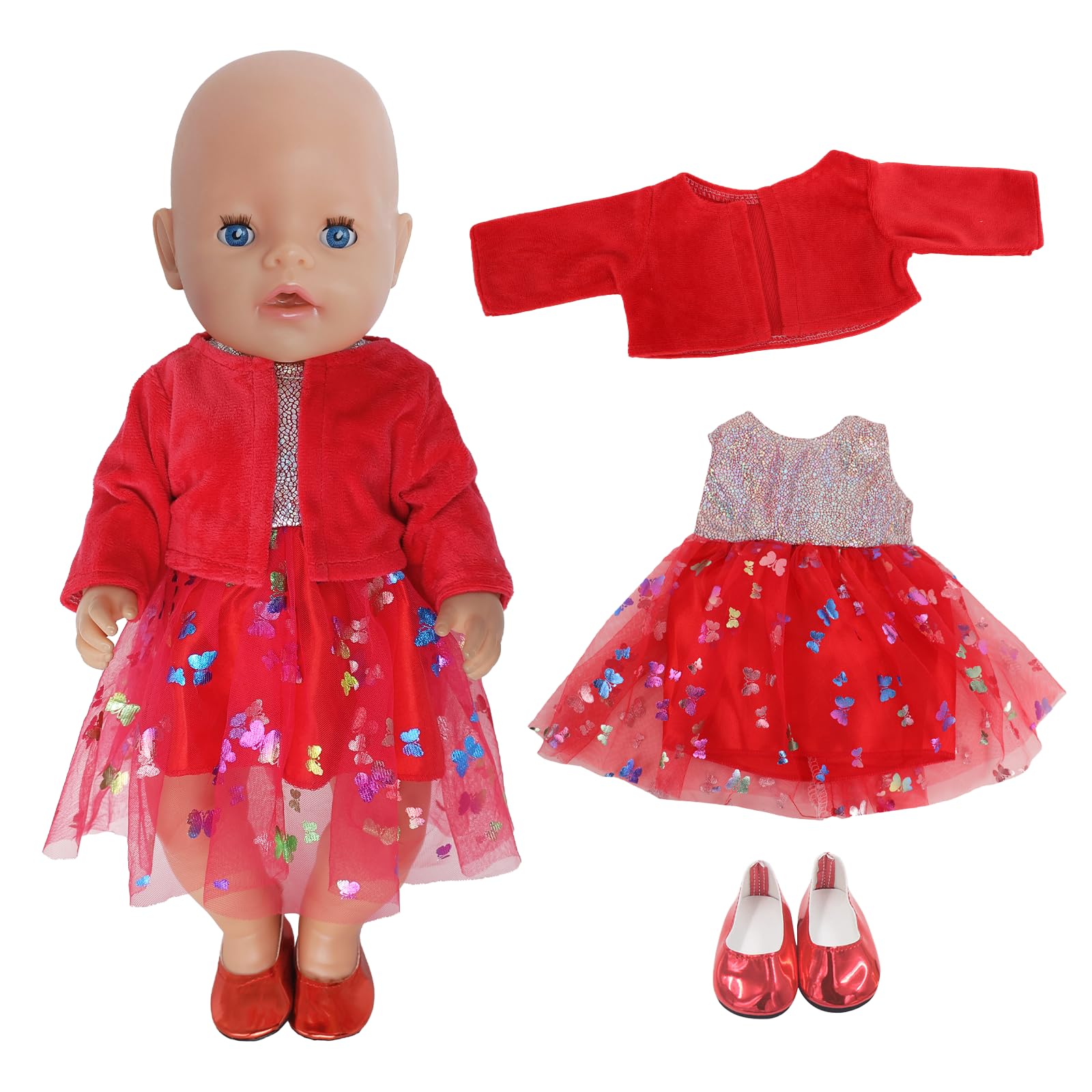 Sweet Baby Dolls Clothes for 14-18Inch Doll，Doll Clothes Outfits Includes 1 Red Tulle Dress with Glitter Butterfly Pattern 1 Knitted Jacke 1 Socks for 35-45cm Dolls Girls Birthday