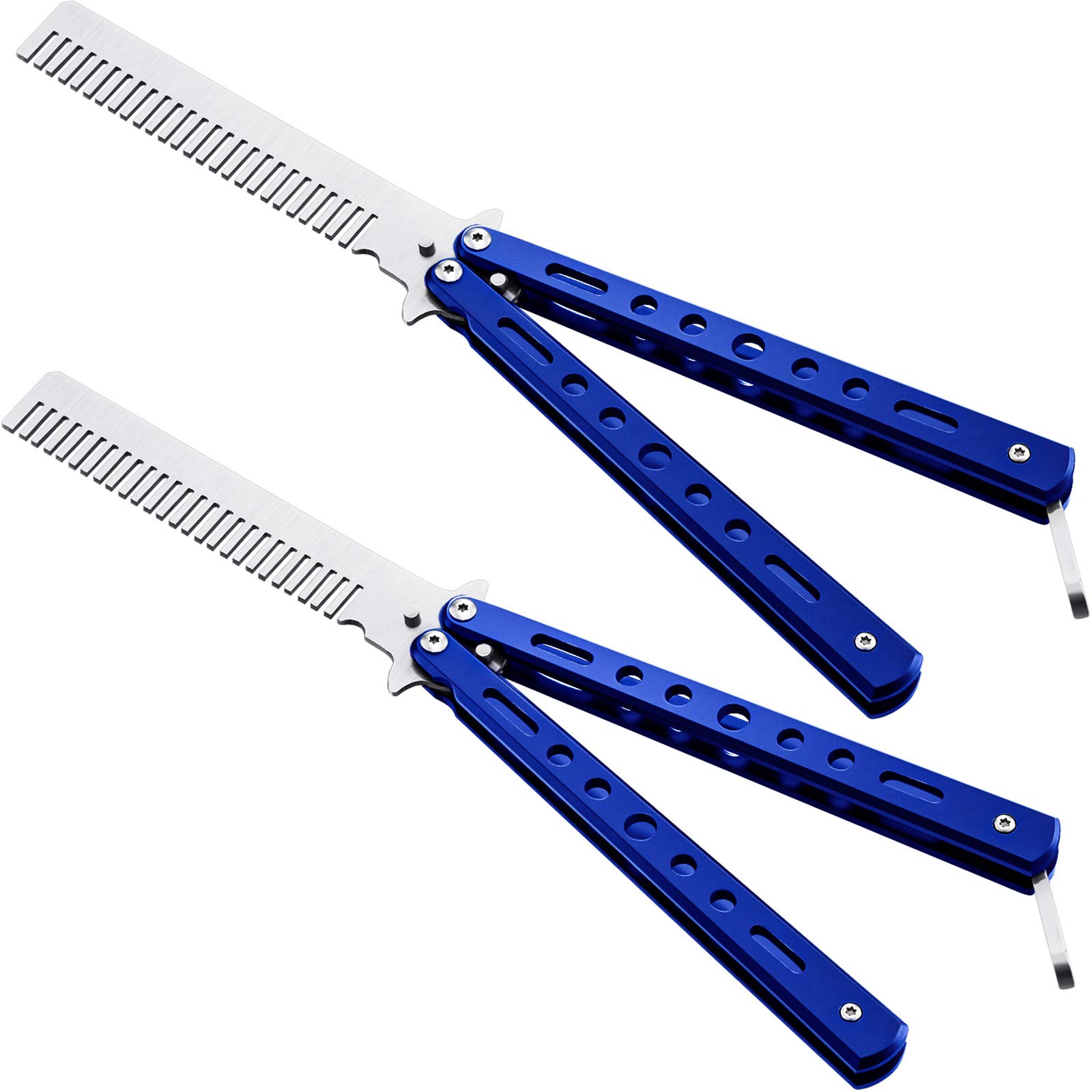 Photo 1 of 2 Pieces Combs Stainless Steel Folding Practice Combs Hair Styling Tools for Sport Outdoor Use (Blue)
