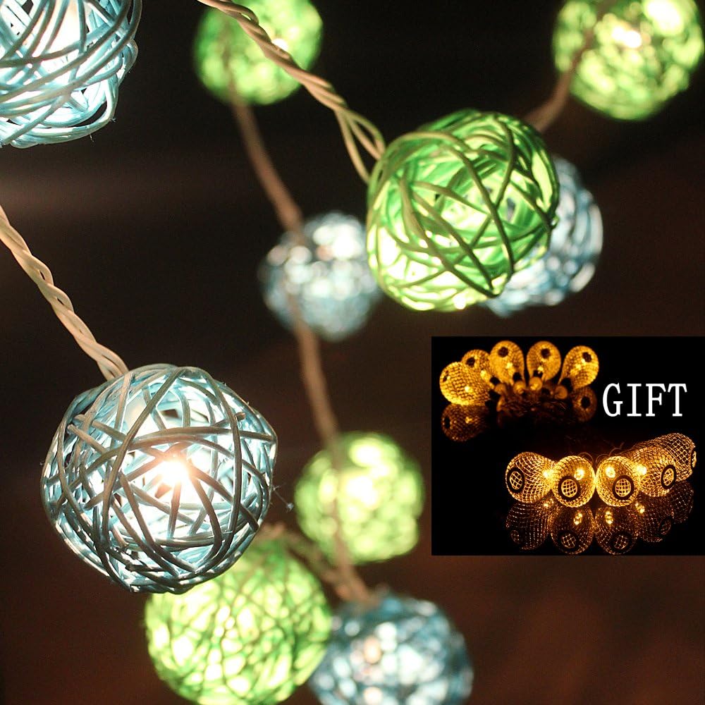 Eligrow Blue & Green Rattan String Lights Patio Wedding and Christmas/party/holiday Decoration - with One set of Metal Drip String ¡Â