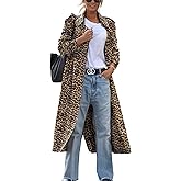 ebossy Women's Notch Lapel Leopard Print Duster Trench Coat Open Front Loose Faux Suede Mid Long Pea Coat