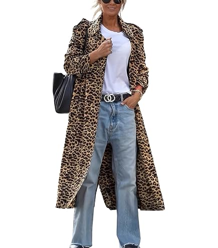Amazon.com: utcoco Womens Leopard Long Wool Trench Coat Notched