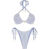 seamoly Women's Bikini Sets Halter Fishnet Shell Decorated Two Piece Swimsuit Sexy Side Tie Thong Bandeau Bathing Suits