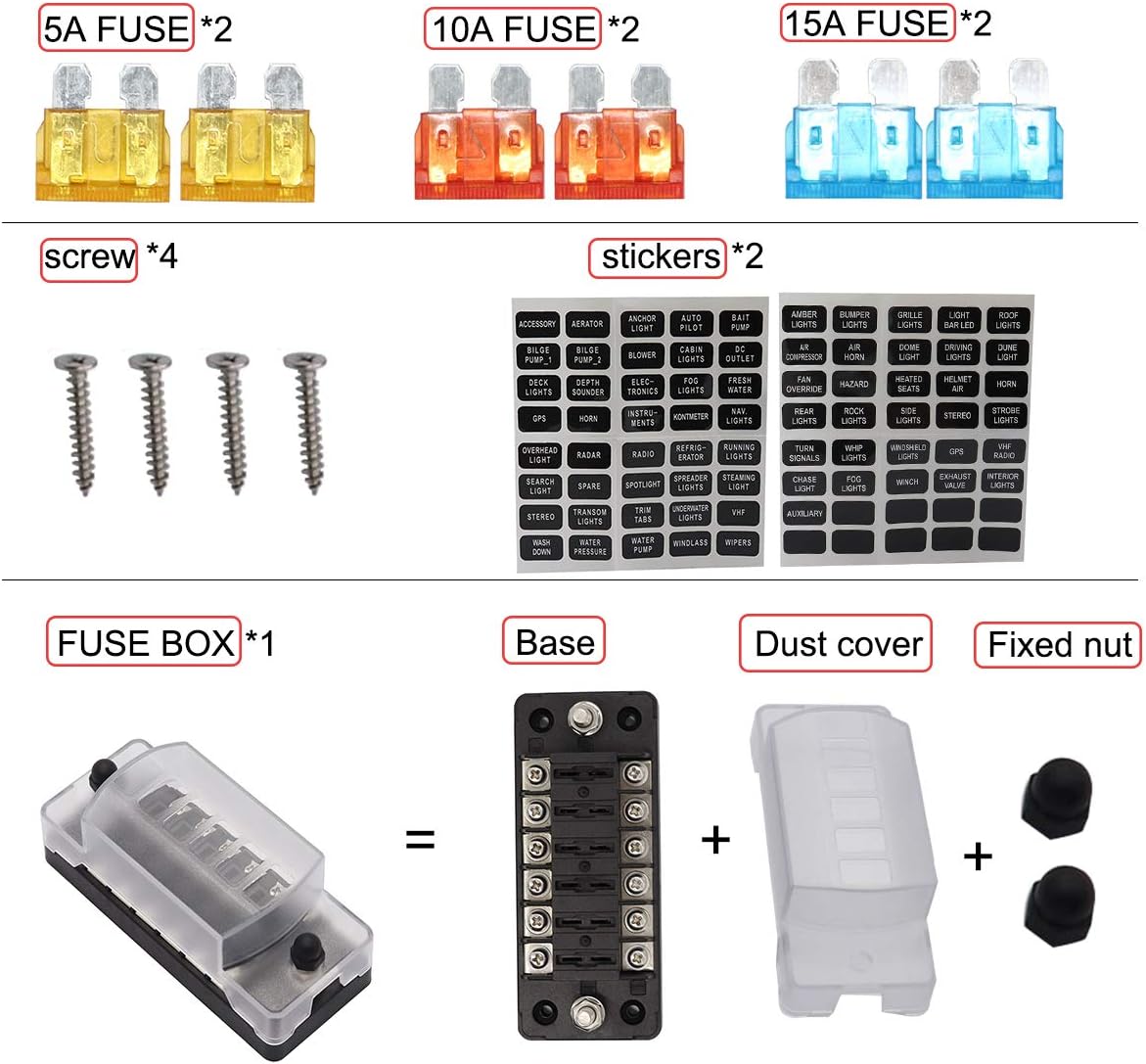 6 Way Blade Fuse Box Block Holder Standard ATC//ATO LED Indicator For Car Marine