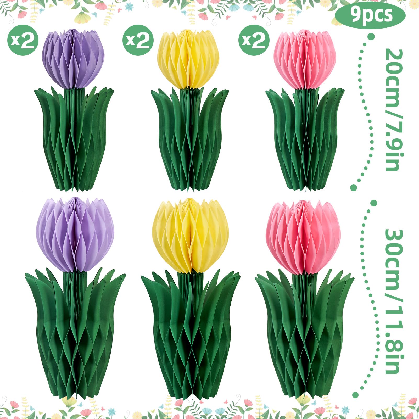 SUNBEAUTY 9 Stück 3D Tulpen Wabenbälle Rosa Lila Papier Blumen Dekoration Gelb Tulpe Dekor für Garten Party Dekoration Frühling Deko Tischdekoration Geburtstag Hochzeit Home Hotel 2