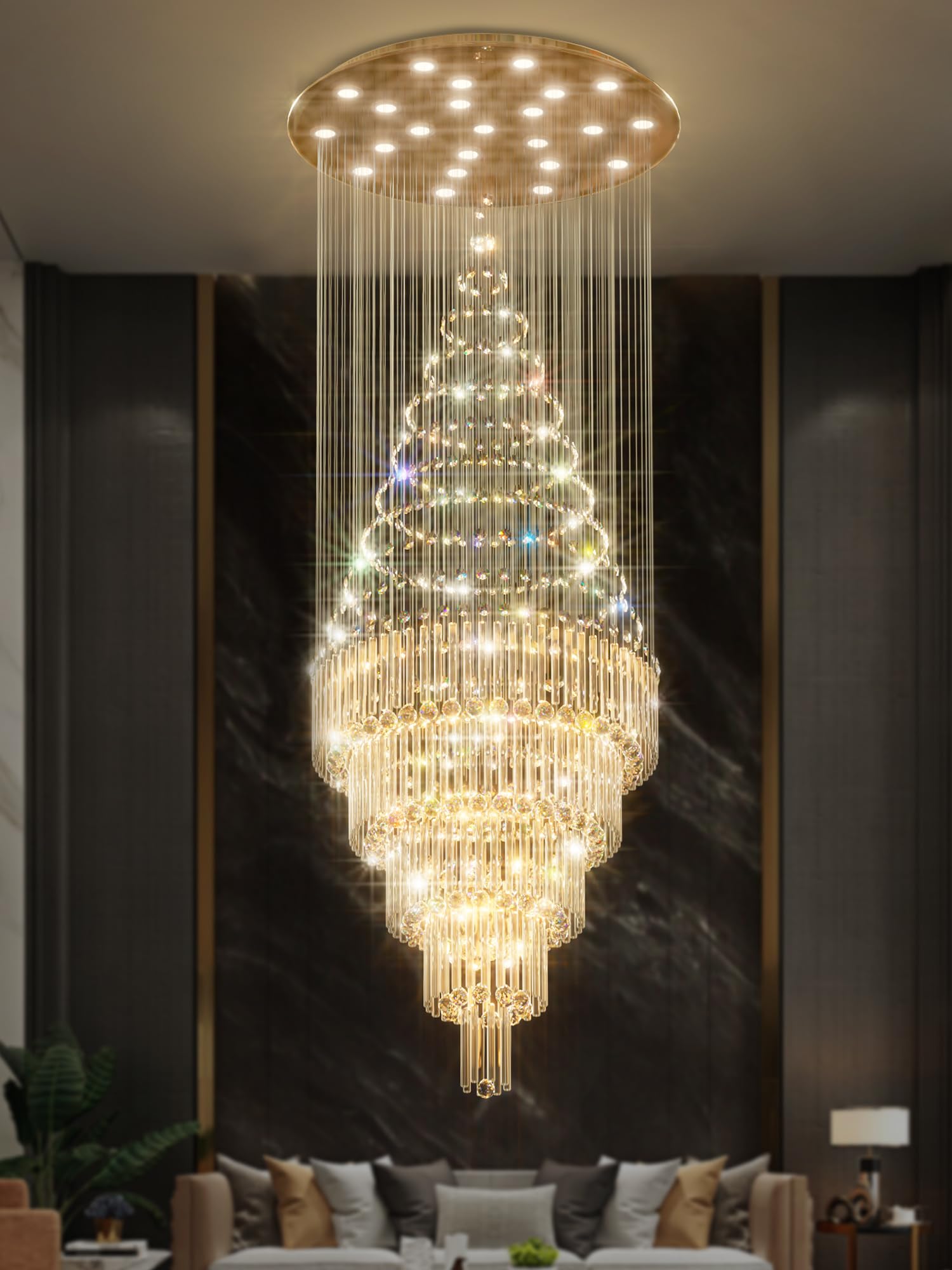 Flashing God 40''X90 High Ceiling Chandelier Crystal Raindrop Gold ...