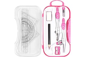 Unjoo Math Geometry Kit Sets 10 Piece Student Supplies with Shatterproof Storage Box,Includes Rulers,Protractor,Compass,Eraser,Pencil Sharpener,Lead Refills,Pencil,for Drafting and Drawings（Pink）