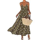 KIRUNDO Boho Maxi Dress for Women Summer Spaghetti Strap V Neck Polka Dot Flowy Long Beach Vacation Sundress with Pockets