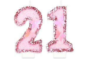 YIRAN Birthday Candles, Number 21 Candle, Butterfly 21th Birthday Decorations for Women/Girl, Pink Happy Birthday Candle for Cake, Handmade Sequin Numeral Candle Wedding Cake Topper Anniversary Party Decor