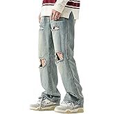 DOSLAVIDA Mens Jeans Regular Fit Ripped Jean Relaxed Fit Straight Leg Distressed Skateboard Denim Pants
