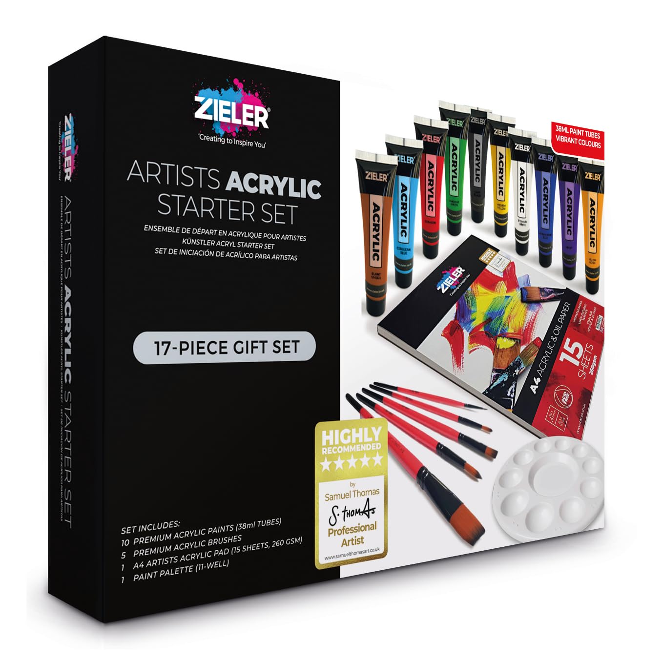 Zieler® - 17-Piece Acrylic Starter Gift Set – 10 Premium Acrylic Paints (38ml Assorted Colours), 5 Premium Acrylic Brushes, A4 Artists Acrylic Pad (15 Sheets, 260gsm) & 11-Well Round Paint Palette