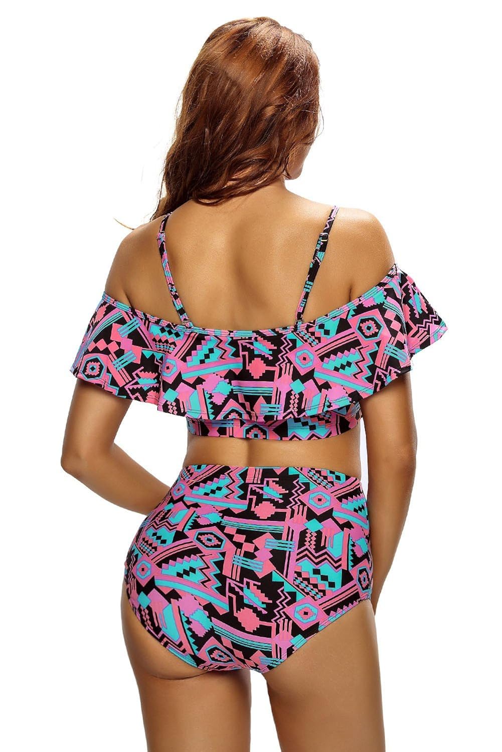 boldgal girl's beach geometric ruffle tankini (multi-coloured)