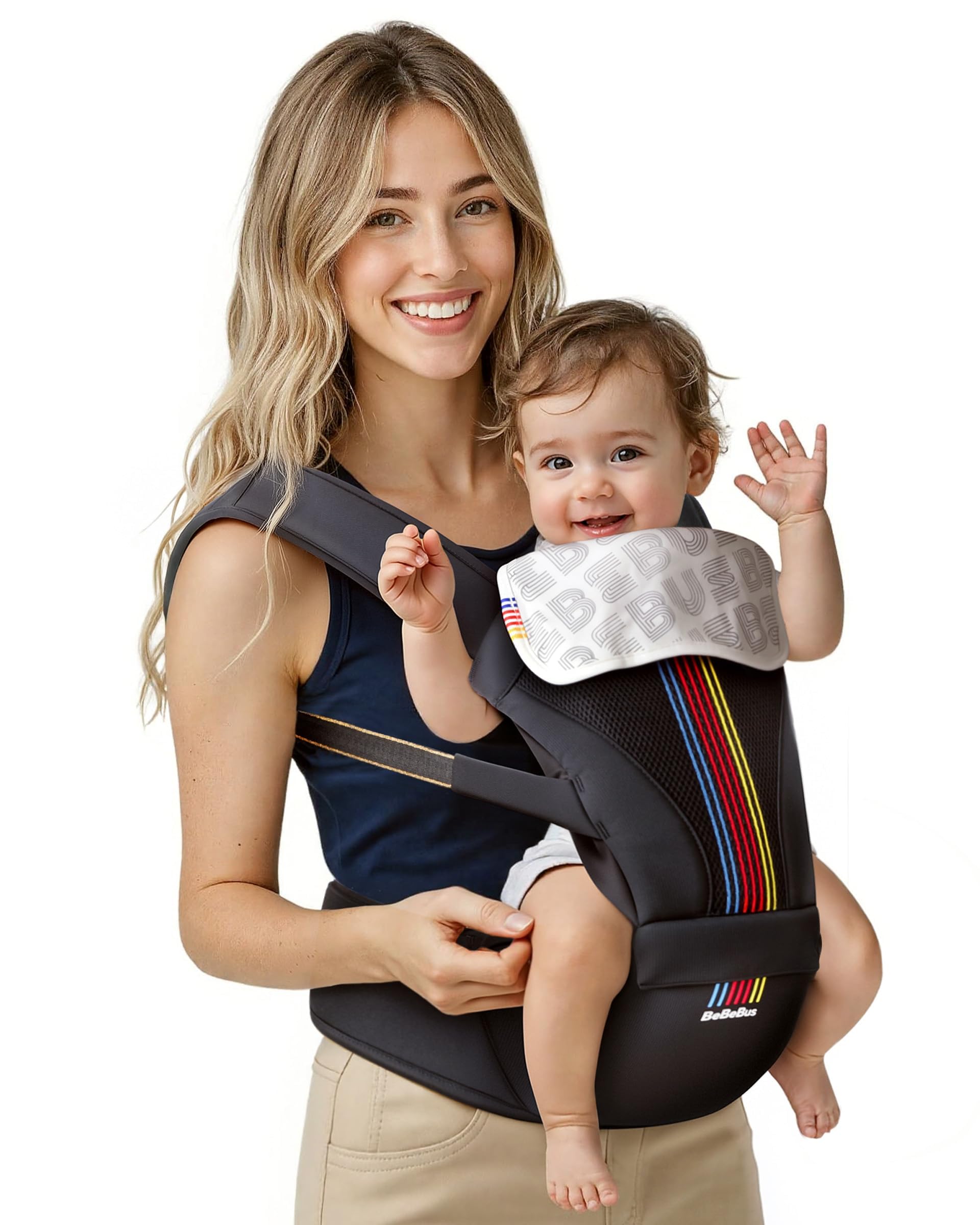 Photo 1 of Baby Carrier with Hip Seat, BeBeBus 2-in-1 Ergonomic Newborn to Toddler Carrier up to 44 lbs, Detachable Hands-Free for Infant, All Season Forward-Facing Carry, Fits Waist Sizes up to 38 inch (Black)