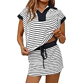 Fisoew Womens Striped 2 Piece Outfits Casual Sweatshirt Skirt Set Short Sleeve Skort Workout Set Matching Lounge Sets