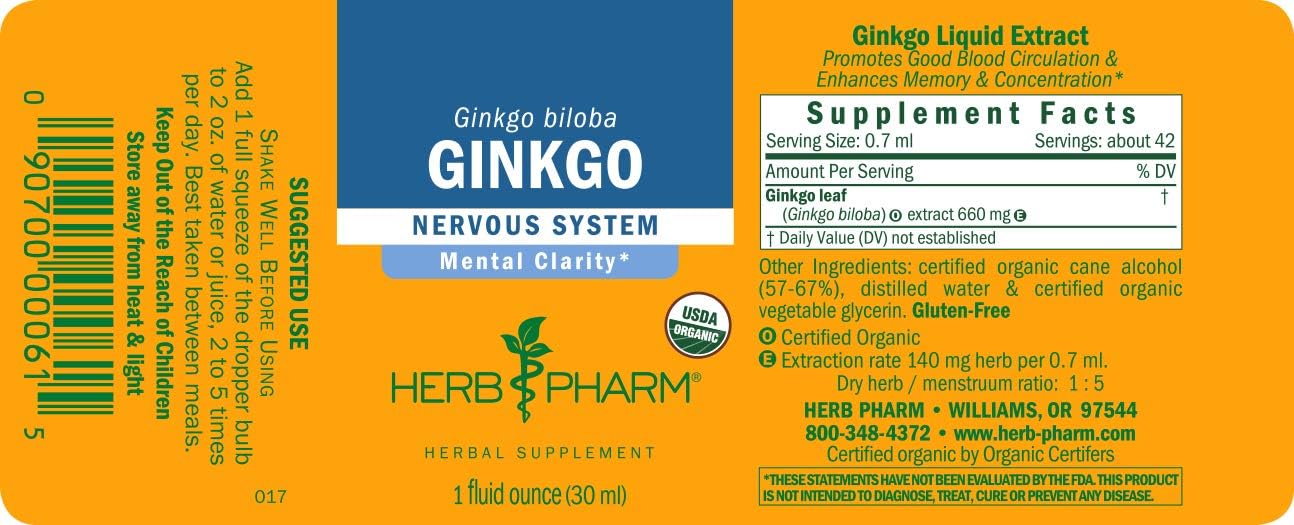 Herb Pharm Certified Organic Ginkgo Liquid Extract for Memory and Concentration - 1 Ounce (781468): Health & Personal Care