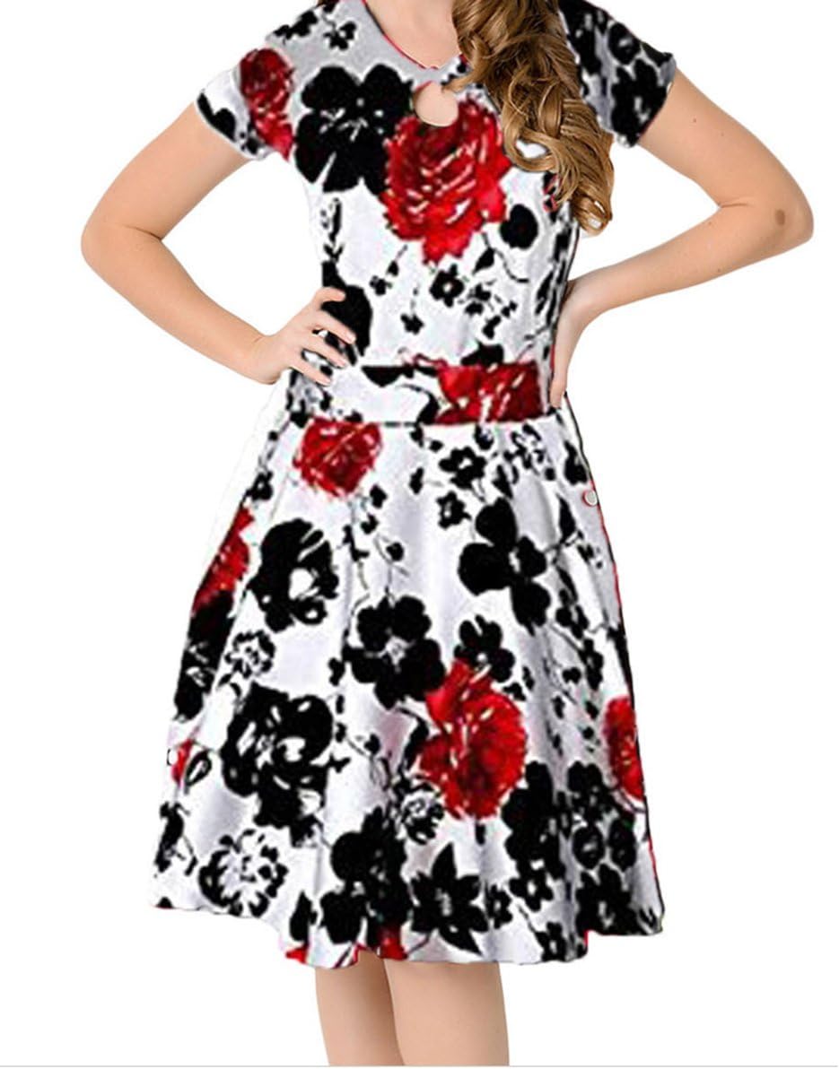 TomYork 1950s Style Black Red Floral Short Sleeves Swing Dress