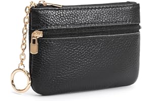 LARENNT Full Grain Leather Coin Purse with Keychain - 2 Zippered Pockets Mini Coin Pouch Card Holder Keychain Pouch Keychain Wallet - Small Change Purse for Women and Men (Black)