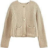 Saodimallsu Womens Button Up Sweaters Fall Chunky Knit Cropped Trendy Crewneck Loose Cardigan with Pockets