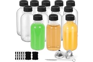 Wewymewo 12Pack 2oz Glass Bottles with Lids Funnels, Brush, Labels- Leakproof 60 ml Boston Round Containers for Ginger Shots, Juice & Vanilla Extract- Mini Travel Size