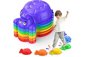 Dufvrpe Turtle Stepping Stones for Kids - 6 Turtle-Shaped Balance Stones with Sound Feature, Non-Slip Textured Surface, Stackable for Easy Storage, Outdoor Obstacle Course for Toddlers Ages 3 and up
