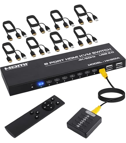 Yinker Conmutador KVM VGA De 8 Puertos Para Montaje En Rack + 8 Cables KVM + 4 Concentradores USB + Selector De Escritorio Con Cable + Orejas De Montaje En Rack
