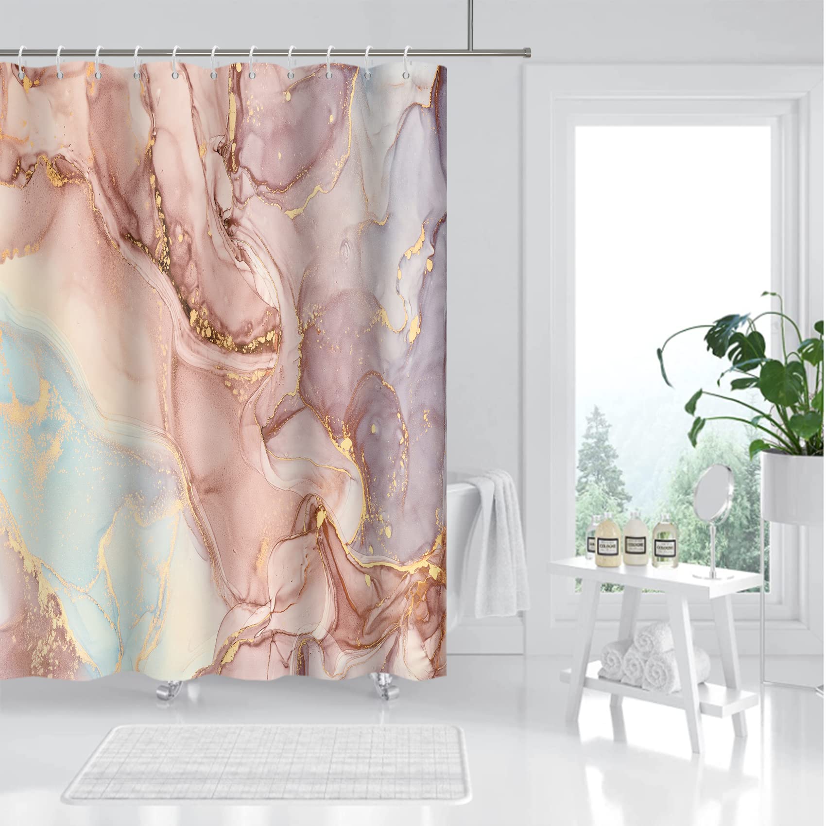 MIRRORANG Pink and Blue Marble Shower Curtain with 12 Hooks,Fabric Mould Proof Resistant Shower Curtain for Bathroom,100% Polyester(180 x 180 cm) — image 1