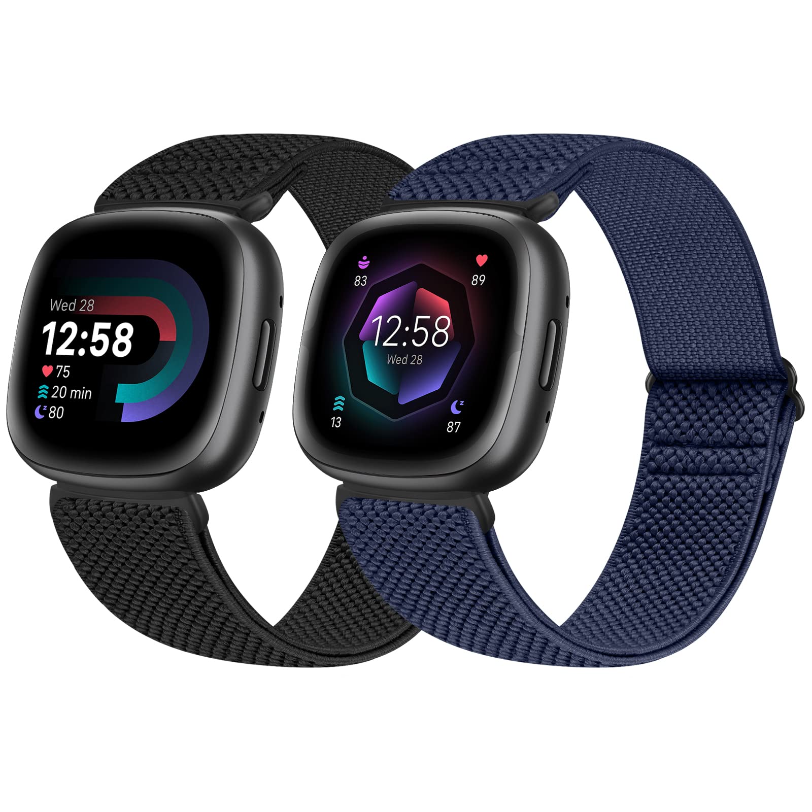 Enkic 2 Pack Elastic Watch Strap Compatible With Fitbit Versa 4/Sense 2, Adjustable Nylon Loop Sport Stretchy Replacement Wristband for Men Women, Black+Indigo