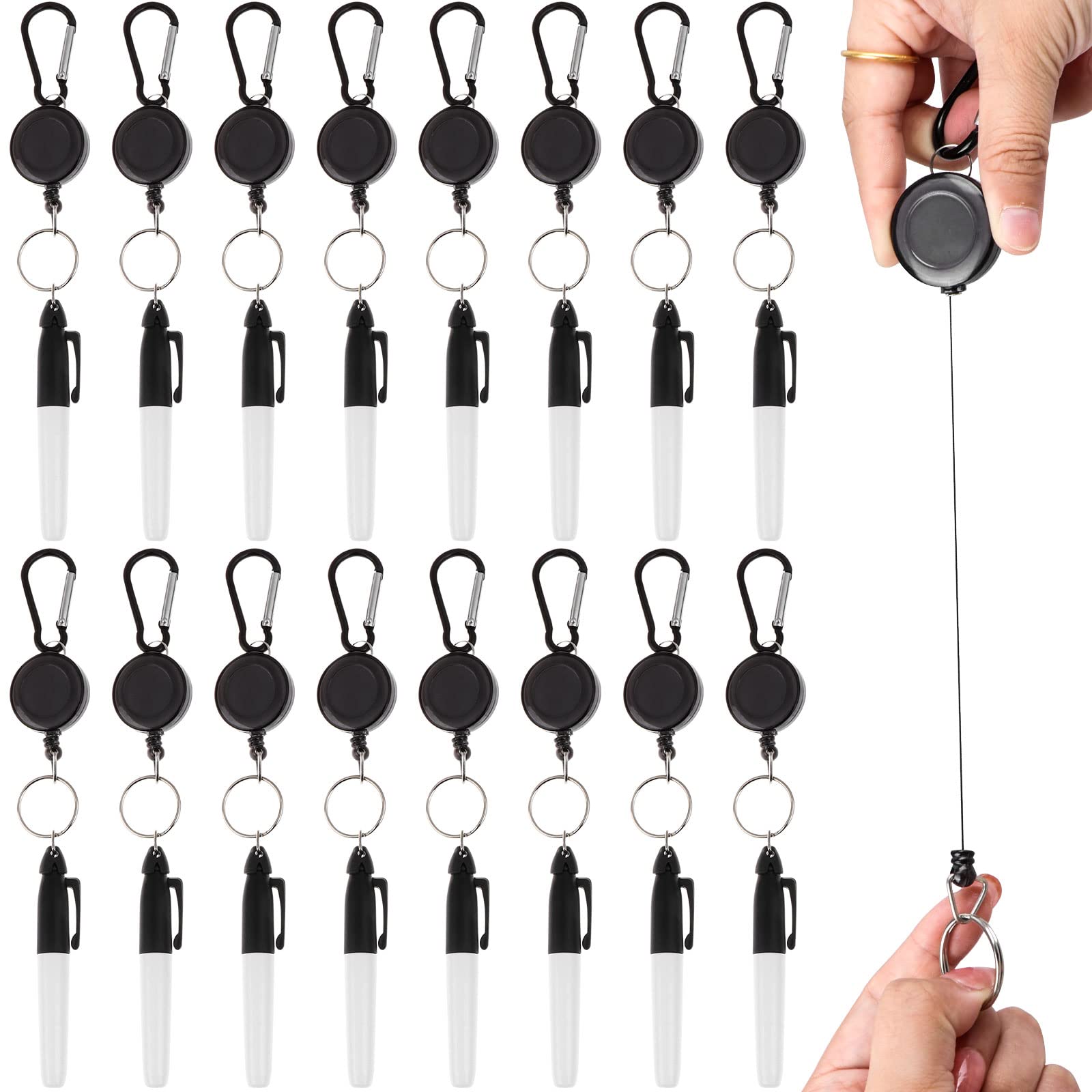 Photo 1 of 32 Pcs Mini Permanent Markers with Cap Clips Retractable Pen Reel Golf Ball Marker Pen Dry Erase Markers with Triangle Hook Golf Keychain Clips for Badge Black Ink Pens for Office School,Fine Point