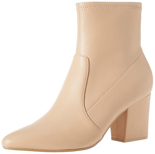 Amazon Essentials Women's Fitted Stretch Heel Boot, Beige Faux Leather, 6.5