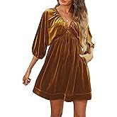 Ladyful Womens V Neck Velvet Dress 3/4 Sleeve Velour Mini Dress
